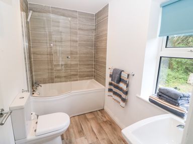 A bathroom with a bathtub shower combination toilet sink and window at Kealduff Lower in Glenbeigh County Kerry