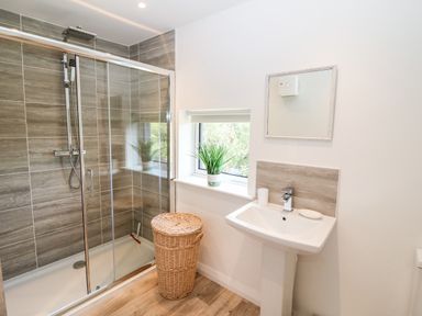 A bathroom with a glass shower enclosure a wicker laundry basket a window with a plant a pedestal sink and a wall mirror at Kealduff Lower in Glenbeigh County Kerry