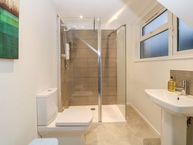 A bathroom with a toilet a glass shower enclosure and a sink with soap at Casalmare Exmouth