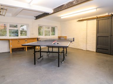 A room with a ping pong table and paddles next to a workbench and a sliding door at Casalmare in Exmouth