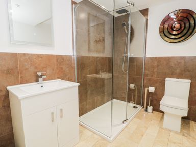 A bathroom with a sink cabinet shower stall toilet and circular wall decoration at Capel Mawr Basement 19 Llanrug