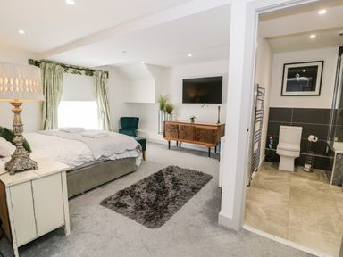 A bedroom with a bed side table and lamp a green chair a wooden dresser with plants and a wall mounted tv next to an open bathroom door with a toilet at Capel Mawr Basement 19 Llanrug