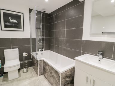 A bathroom with a toilet sink and bathtub with shower at Capel Mawr Basement 19 Llanrug