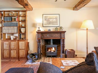 A living room with a wood burning stove fireplace wooden bookshelf and a floor lamp at Aluric's Hall in Porlock