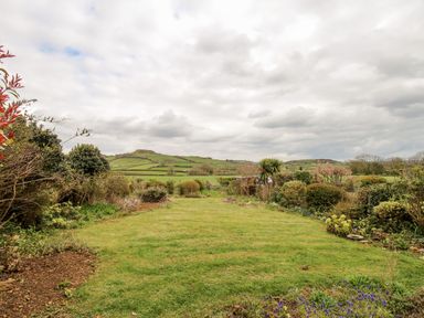A garden with grass and bushes with hills and cloudy sky in the background at Rosamond in Shipton Gorge