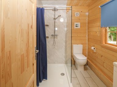 A bathroom with a shower area with blue curtain a toilet a window with a blue blind and wooden walls at Bryn Derwen Lodge in Bethesda