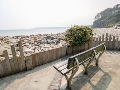 A bench on a concrete pathway facing a rocky beach with a wooden fence and shrubbery at Covert Farm Cwtch in Jeffreyston
