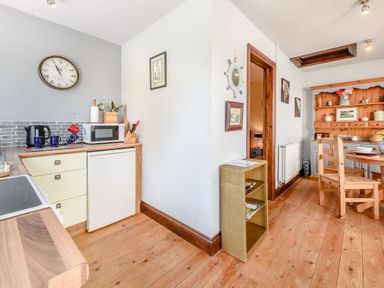 A kitchen area with a small fridge microwave kettle and wooden chairs at Covert Farm Cwtch in Jeffreyston