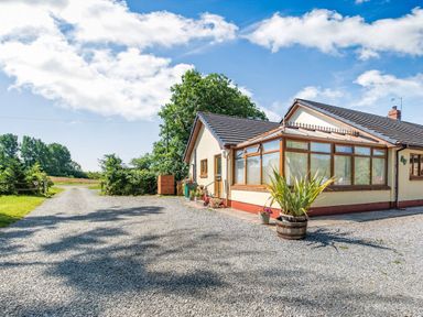 A gravel driveway leading to a house with a glass conservatory and potted plants at Covert Farm Cwtch in Jeffreyston