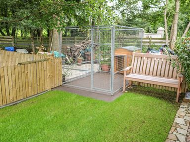 A garden area with a wooden bench a small fenced enclosure and green grass at Quiet Waters Cottage in Loughan near Coleraine