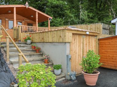 Stone steps with potted plants leading to a wooden cabin with a porch and railing at Quiet Waters Cottage in Loughan near Coleraine