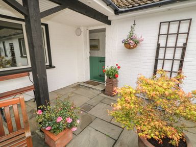 A patio with potted plants wooden furniture and a green door at Quiet Waters Cottage in Loughan near Coleraine