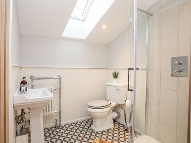 A bathroom with a sink radiator toilet and a glass shower enclosure at Laneton in Rhosneigr