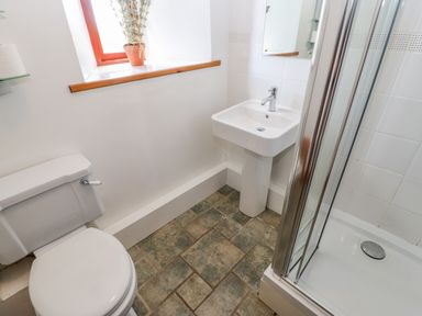 A bathroom with a toilet sink shower and a small window with a plant on the windowsill at Field Barn in Alston