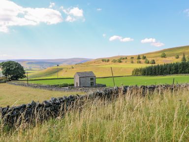 A small stone building in a rural field with stone walls dry grass and hills in the background at Field Barn in Alston