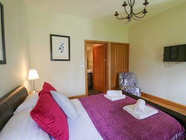 A bedroom with a bed a side lamp a chair a wall mounted tv and two doors at Yr Hen Beudy in Capel Bangor