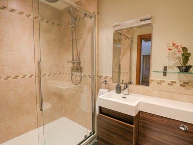 A bathroom with a glass shower enclosure and a sink with a mirror and flower on a shelf at Yr Hen Beudy in Capel Bangor