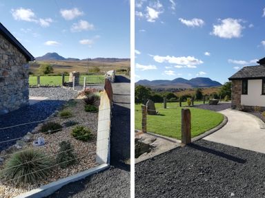 A house exterior with garden and mountains in the background at Cartref in Trawsfynydd
