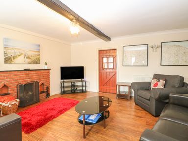 A living room with a red rug a brick fireplace a TV on a stand and sofas at Compass Cottage in Bodham near Sheringham