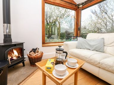 A corner of a living room with a wood burning stove a basket with firewood a small wooden table with tea items and a sofa with a striped cushion at Puffin Cottage in Hawkchurch