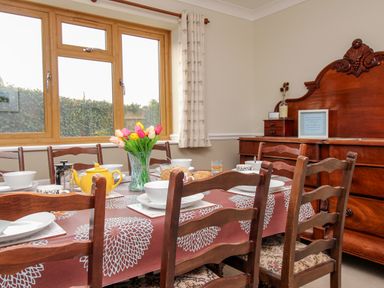 A dining room with a table set with bowls cups and a yellow teapot and a vase of tulips at Gabrianne Burton Bradstock