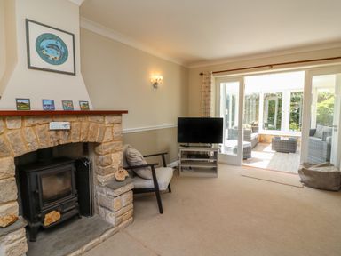 A living room with a stone fireplace black wood stove armchair and television near a glass door leading to a conservatory at Gabrianne in Burton Bradstock