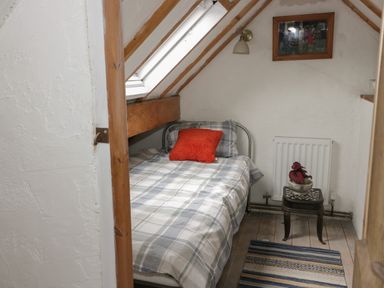 A small bedroom with a single bed a red pillow a side table with a plant and a framed picture on the wall at Little House in Red Wharf Bay