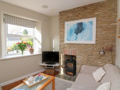 A living room with a sofa a wood burning stove and a television by a window at 1 Baileys Cottage in Stoke Fleming