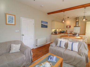 An open plan sitting area and kitchen with two sofas covered with throws and cushions at 1 Bailey's Cottage in Stoke Fleming