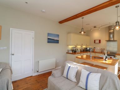 A kitchen and living area with wooden floors and a sofa with cushions at 1 Bailey's Cottage Stoke Fleming