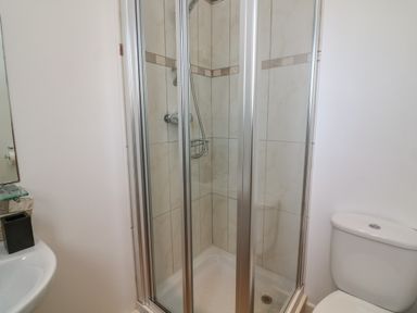 A bathroom with a shower enclosure sink and toilet at 1 Baileys Cottage in Stoke Fleming