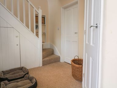 A hallway with carpeted stairs a white door two dog beds and a wicker basket at 1 Bailey's Cottage in Stoke Fleming