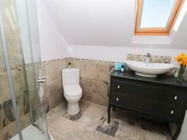 A bathroom with a toilet a shower a sink on a cabinet and a skylight at Whinstones at 4 The Villas in Embleton