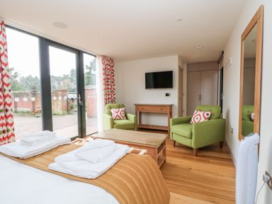 A bedroom with two green armchairs a wall-mounted TV a wooden table and large glass doors at Lakeside Village Lodges & The Potting Shed Capesthorne near Macclesfield