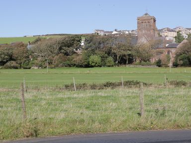 A fenced grassy field with trees and a church tower in the background at Rowan Cottage in St Bees