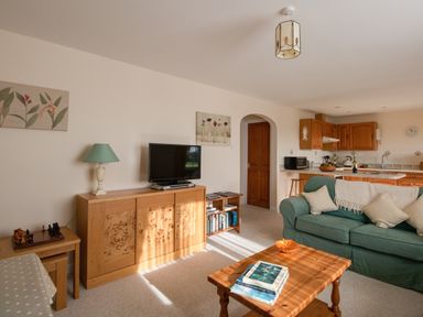 A living room with a green sofa cushions wooden coffee table books TV and a kitchen in the background at Willow Barn in Cucklington near Wincanton
