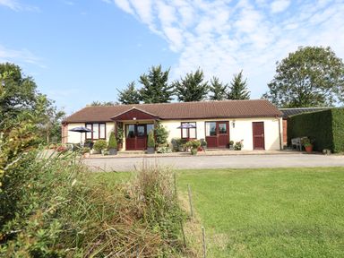 A single-story house with brown roof and front patio with umbrellas and chairs surrounded by green lawn and trees at Little Barn in Cucklington near Wincanton