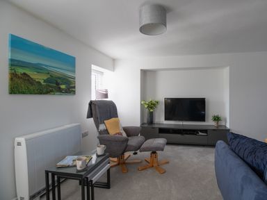 A living room with a gray armchair and ottoman a blue sofa a TV on a black unit and a landscape picture on the wall at Willowbrook Cottage in Litton Cheney