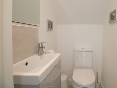 A bathroom with a toilet sink and mirror at Willowbrook Cottage in Litton Cheney