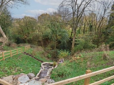 A grassy garden area with a small landscaped water feature and wooden fence near a wooded area at Fron Haul - Robin Goch in Llanfwrog near Ruthin