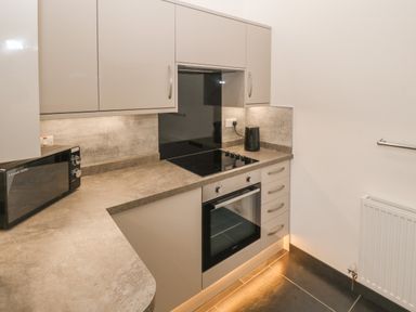A kitchen corner with an electric stove oven microwave kettle and cabinets at Tyddyn Sianel - Derw in Llanystumdwy near Criccieth