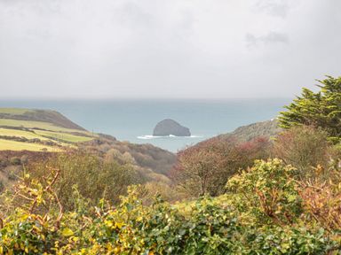 A coastal landscape with bushes and trees in the foreground and a rock formation in the sea at Glenhaven in Trewarmett near Tintagel