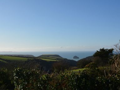A coastal landscape with green fields bushes and the sea in the distance at Glenhaven in Trewarmett near Tintagel