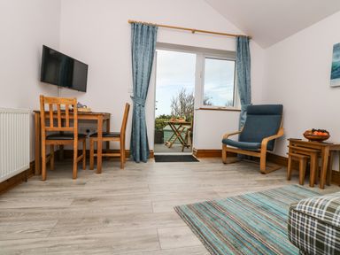 A sitting room with a wooden table and chairs a blue armchair a television and a door leading outside at Glenhaven in Trewarmett near Tintagel