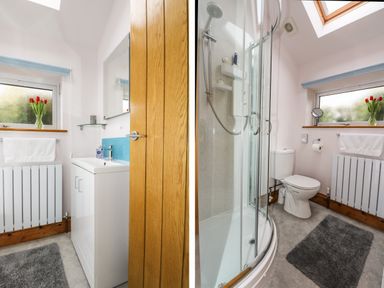 A bathroom with a wooden door a white sink and cabinet a mirror a glass shower enclosure a toilet a window with flowers and a radiator with towels at Glenhaven in Trewarmett near Tintagel