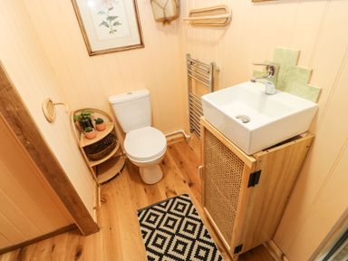 A small bathroom with a toilet sink and a corner shelf with plants and baskets at Bracken Fern in Eppleby