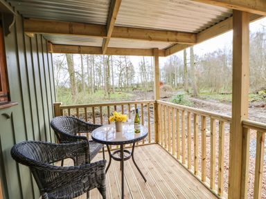 A covered wooden porch with two wicker chairs and a round table with a bottle of wine and flowers surrounded by trees at Bracken Fern in Eppleby