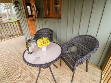 A porch with a round glass table with yellow flowers a bottle of wine and two wine glasses two wicker chairs and a green wooden wall at Bracken Fern in Eppleby