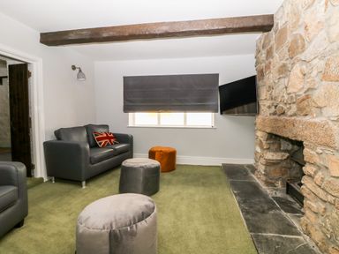 A living room with a leather sofa a stone fireplace a flat screen tv and green carpet at Culdrose Manor in Helston
