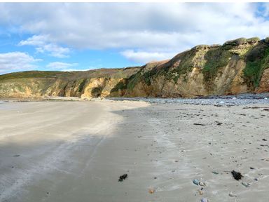 A sandy beach with scattered rocks and seaweed in front of cliffs under a partly cloudy sky